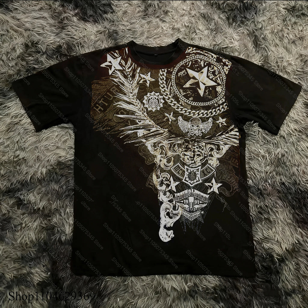 Classic Y2K Gothic Style T-shirt Print Oversized T Shirt High Street Shirts Gothic Round Neck Cotton Tops New Mens Women T Shirt