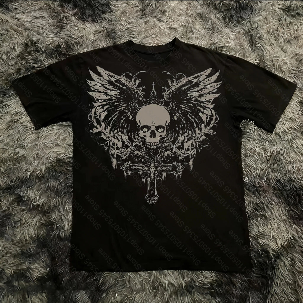 Classic Y2K Gothic Style T-shirt Print Oversized T Shirt High Street Shirts Gothic Round Neck Cotton Tops New Mens Women T Shirt