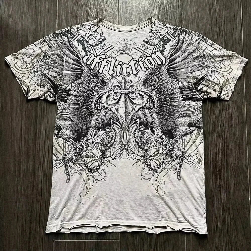 2000s Affliction T-Shirt Vintage Clothing Punk Hip Hop Graphic Print Oversized T Shirt Men Round Neck Cotton Short Sleeve Tops