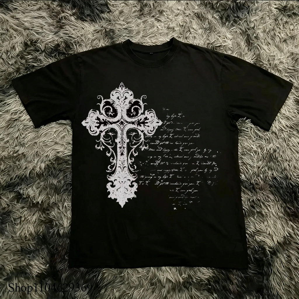 Classic Y2K Gothic Style High Street T-shirt Print Oversized T Shirt Harajuku Round Neck Cotton Tops 2026 Summer Men Women Tops