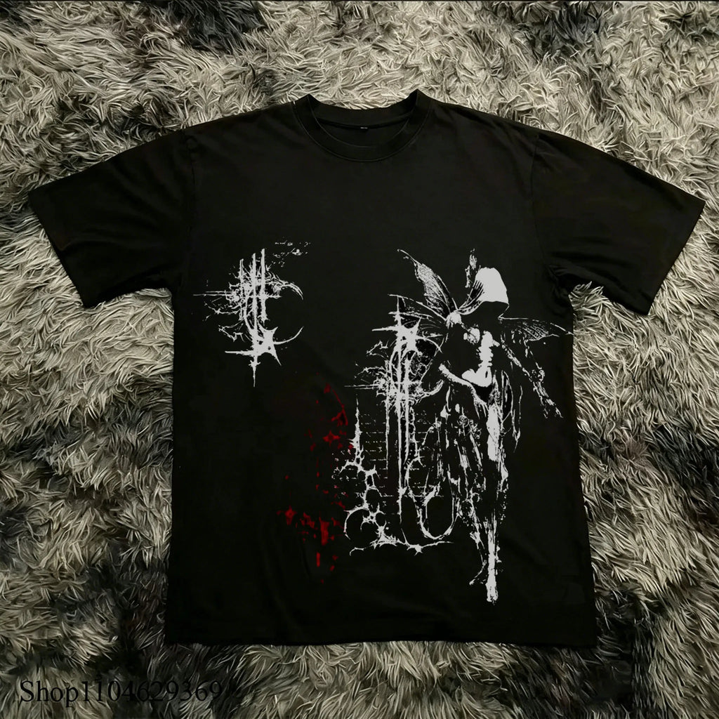 Classic Y2K Gothic Style High Street T-shirt Print Oversized T Shirt Harajuku Round Neck Cotton Tops 2026 Summer Men Women Tops