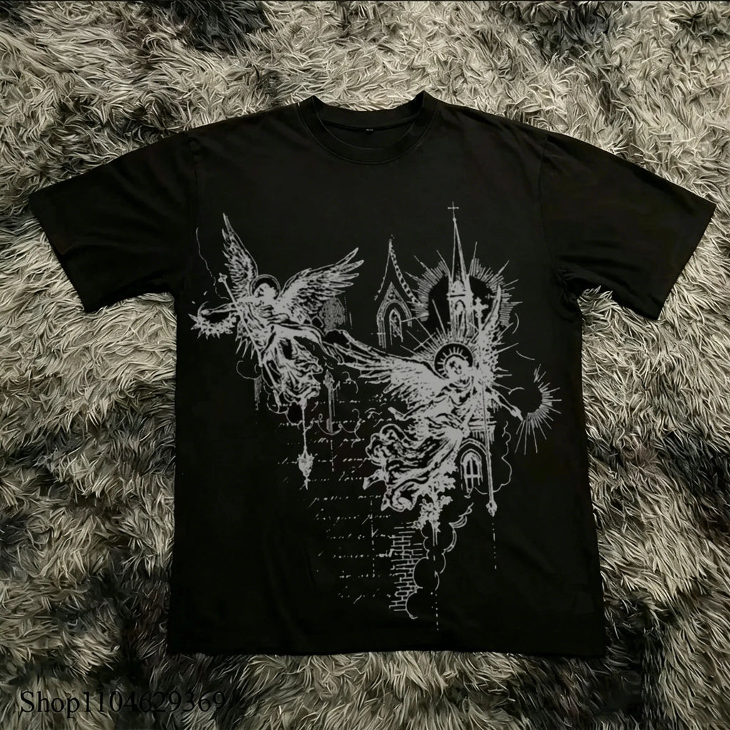 Classic Y2K Gothic Style High Street T-shirt Print Oversized T Shirt Harajuku Round Neck Cotton Tops 2026 Summer Men Women Tops
