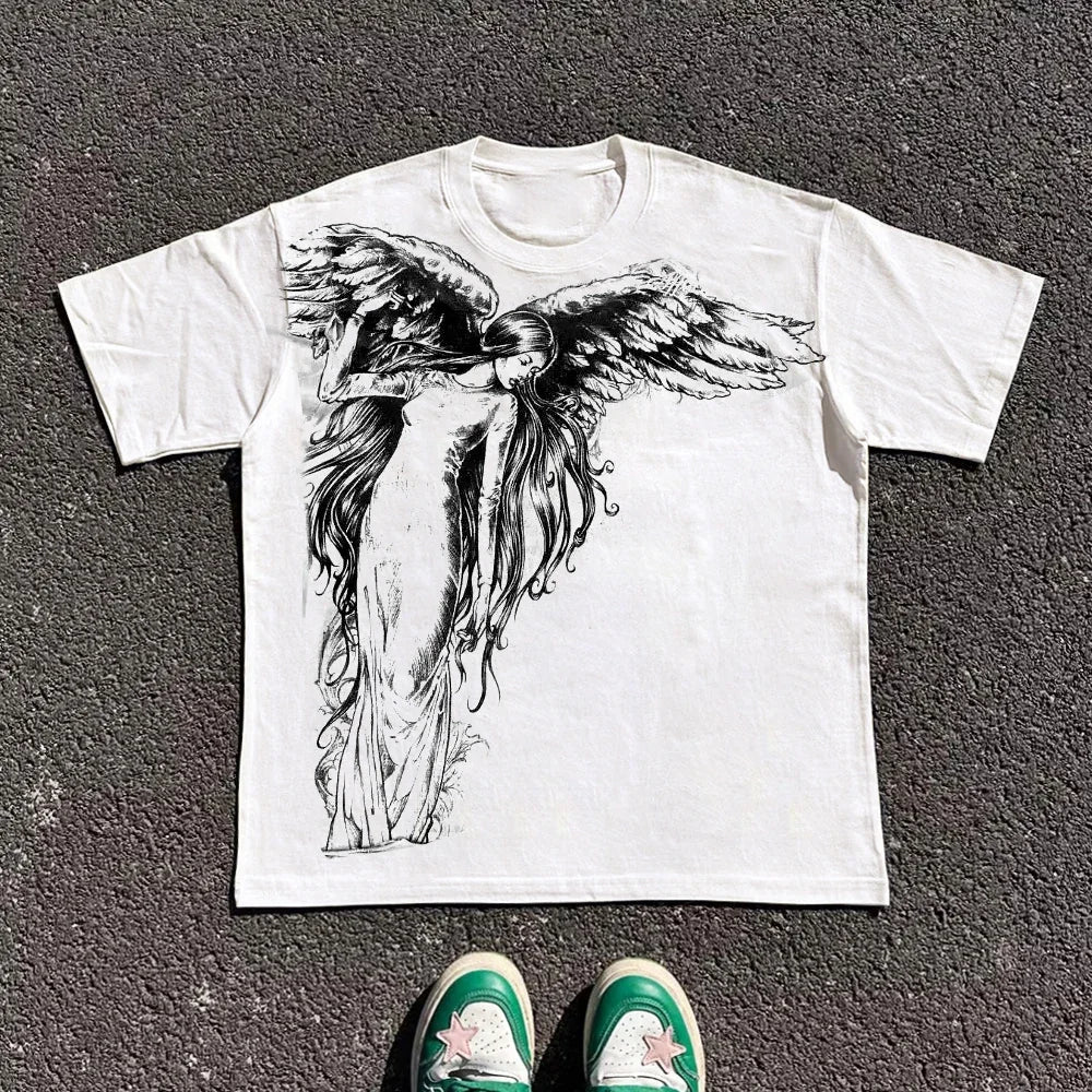 Hot Classic Y2K Gothic Style T-shirt Print Oversized T Shirt High Street Shirts Gothic Round Neck Cotton Tops New Mens Women Tee