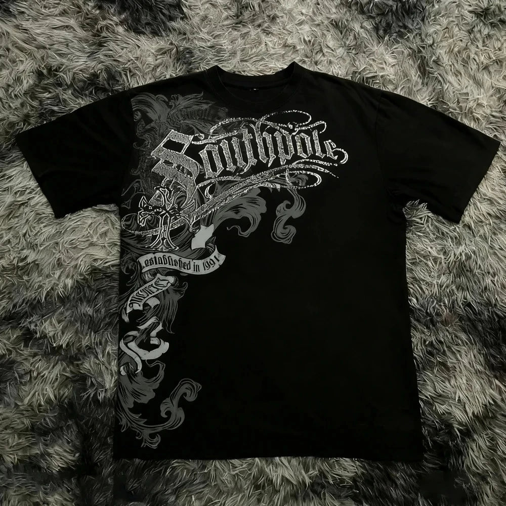Classic Y2K Gothic Style T-shirt Print Oversized T Shirt High Street Shirts Gothic Round Neck Cotton Tops New Men Women T Shirt