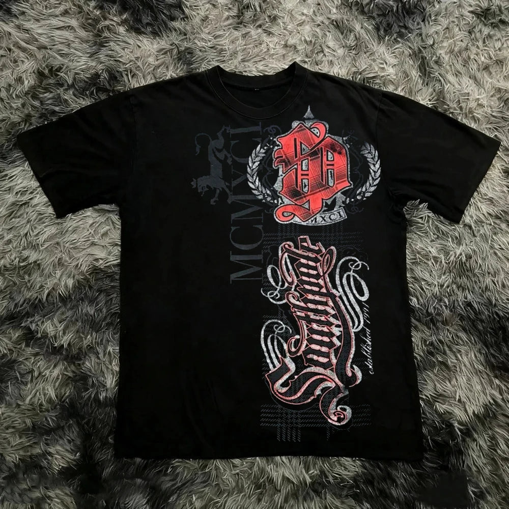 Classic Y2K Gothic Style T-shirt Print Oversized T Shirt High Street Shirts Gothic Round Neck Cotton Tops New Men Women T Shirt
