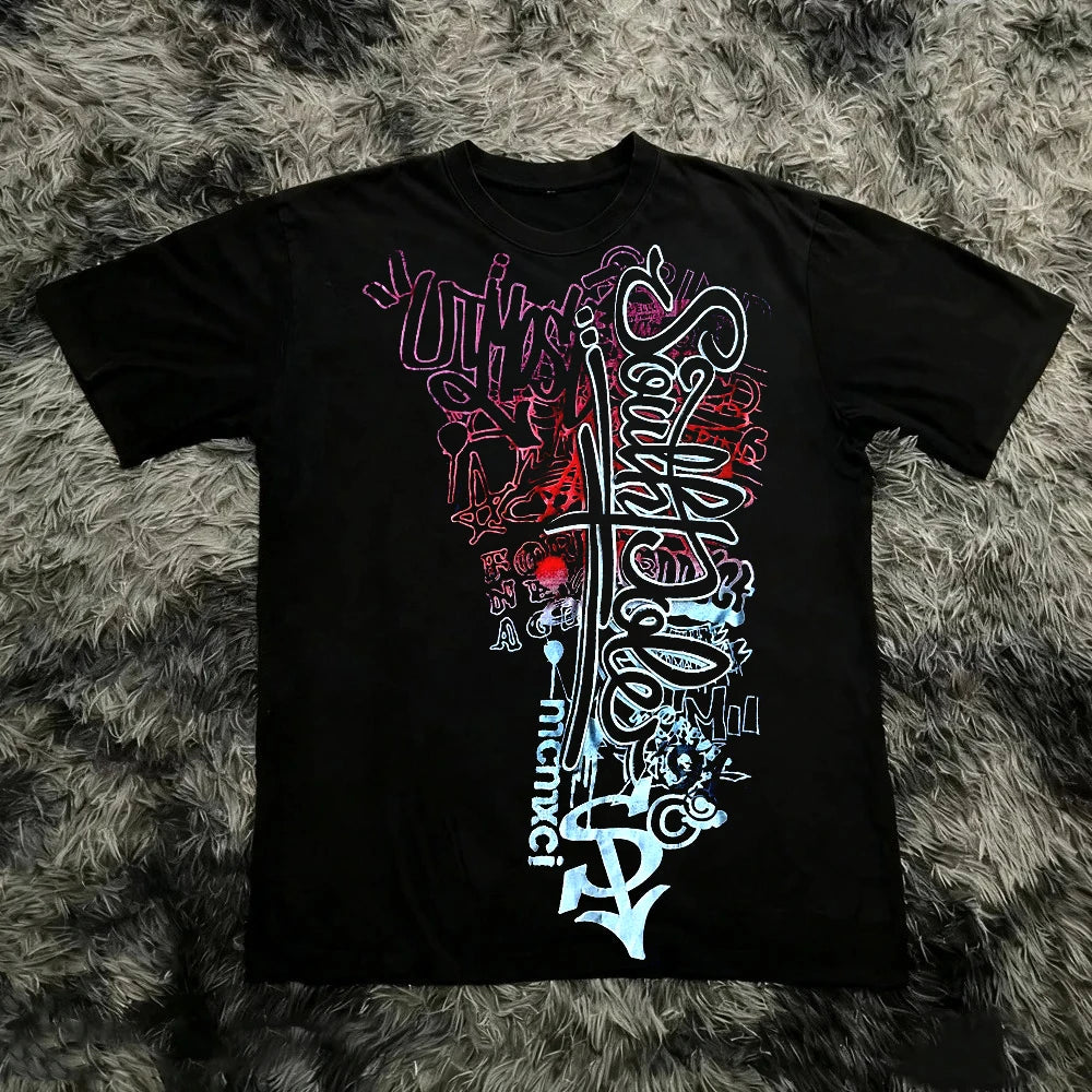 Classic Y2K Gothic Style T-shirt Print Oversized T Shirt High Street Shirts Gothic Round Neck Cotton Tops New Men Women T Shirt