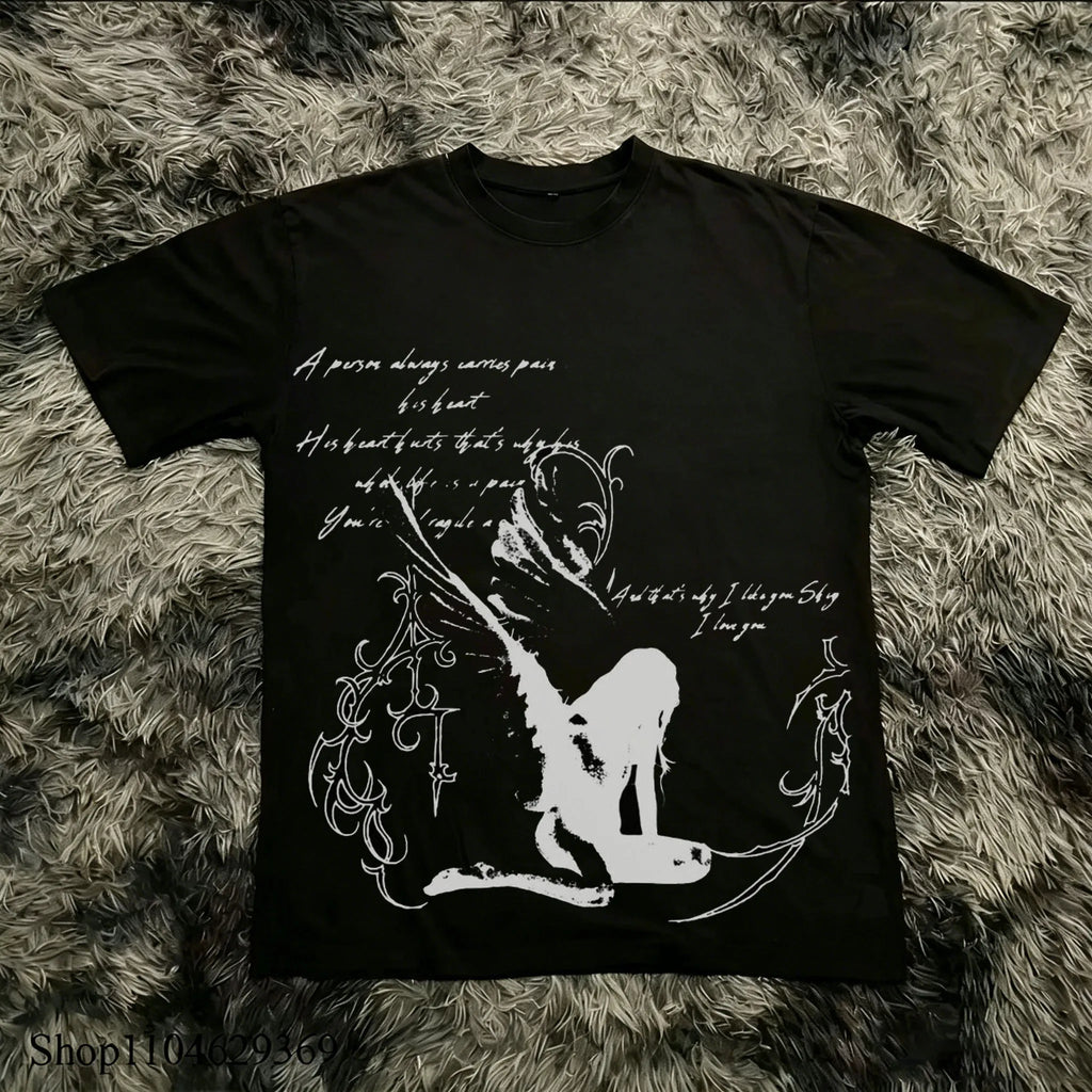 Classic Y2K Gothic Style High Street T-shirt Print Oversized T Shirt Harajuku Round Neck Cotton Tops 2026 Summer Men Women Tops