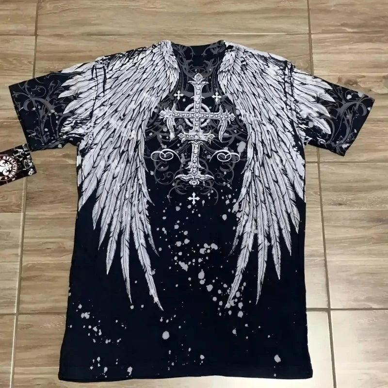 2000s Affliction T-Shirt Vintage Clothing Punk Hip Hop Graphic Print Oversized T Shirt Men Round Neck Cotton Short Sleeve Tops
