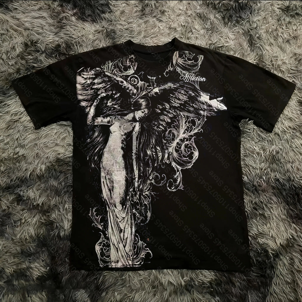 Classic Y2K Gothic Style T-shirt Print Oversized T Shirt High Street Shirts Gothic Round Neck Cotton Tops New Mens Women T Shirt