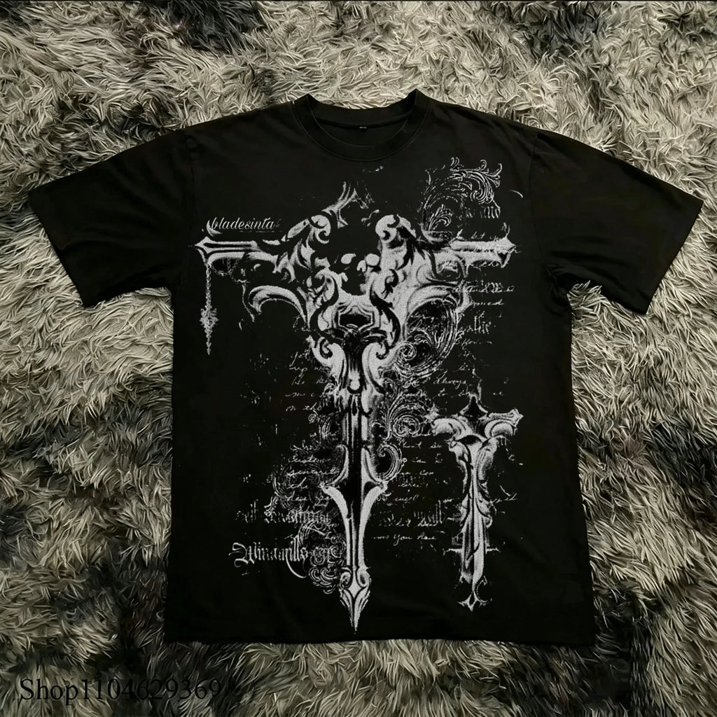 Classic Y2K Gothic Style High Street T-shirt Print Oversized T Shirt Harajuku Round Neck Cotton Tops 2026 Summer Men Women Tops