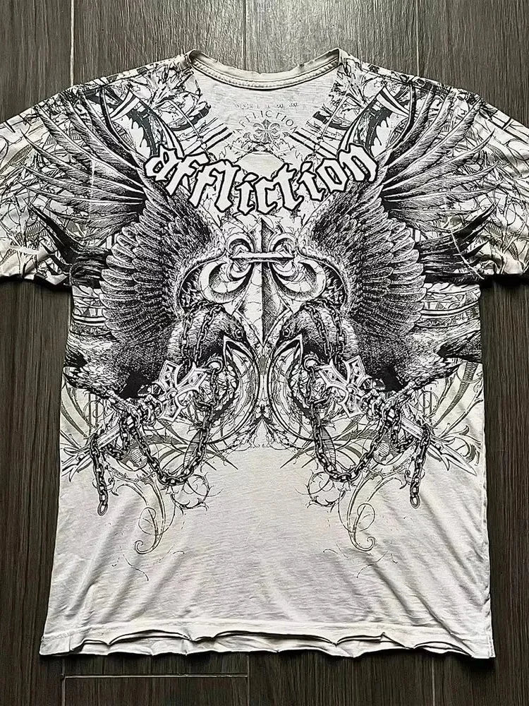 2000s Affliction T-Shirt Vintage Clothing Punk Hip Hop Graphic Print Oversized T Shirt Men Round Neck Cotton Short Sleeve Tops