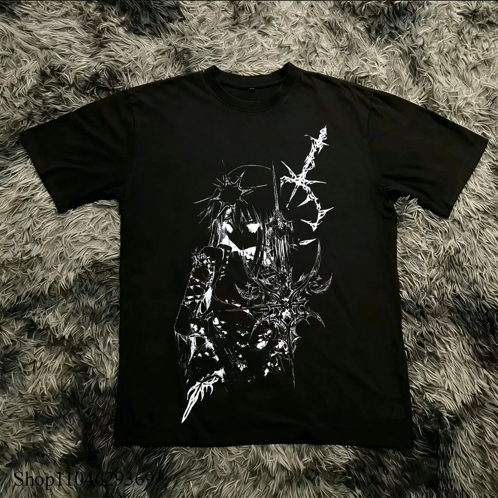 Classic Y2K Gothic Style High Street T-shirt Print Oversized T Shirt Harajuku Round Neck Cotton Tops 2026 Summer Men Women Tops