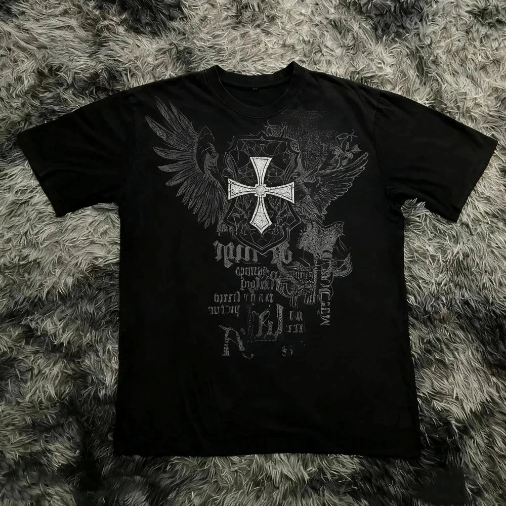 Classic Y2K Gothic Style T-shirt Print Oversized T Shirt High Street Shirts Gothic Round Neck Cotton Tops New Men Women T Shirt