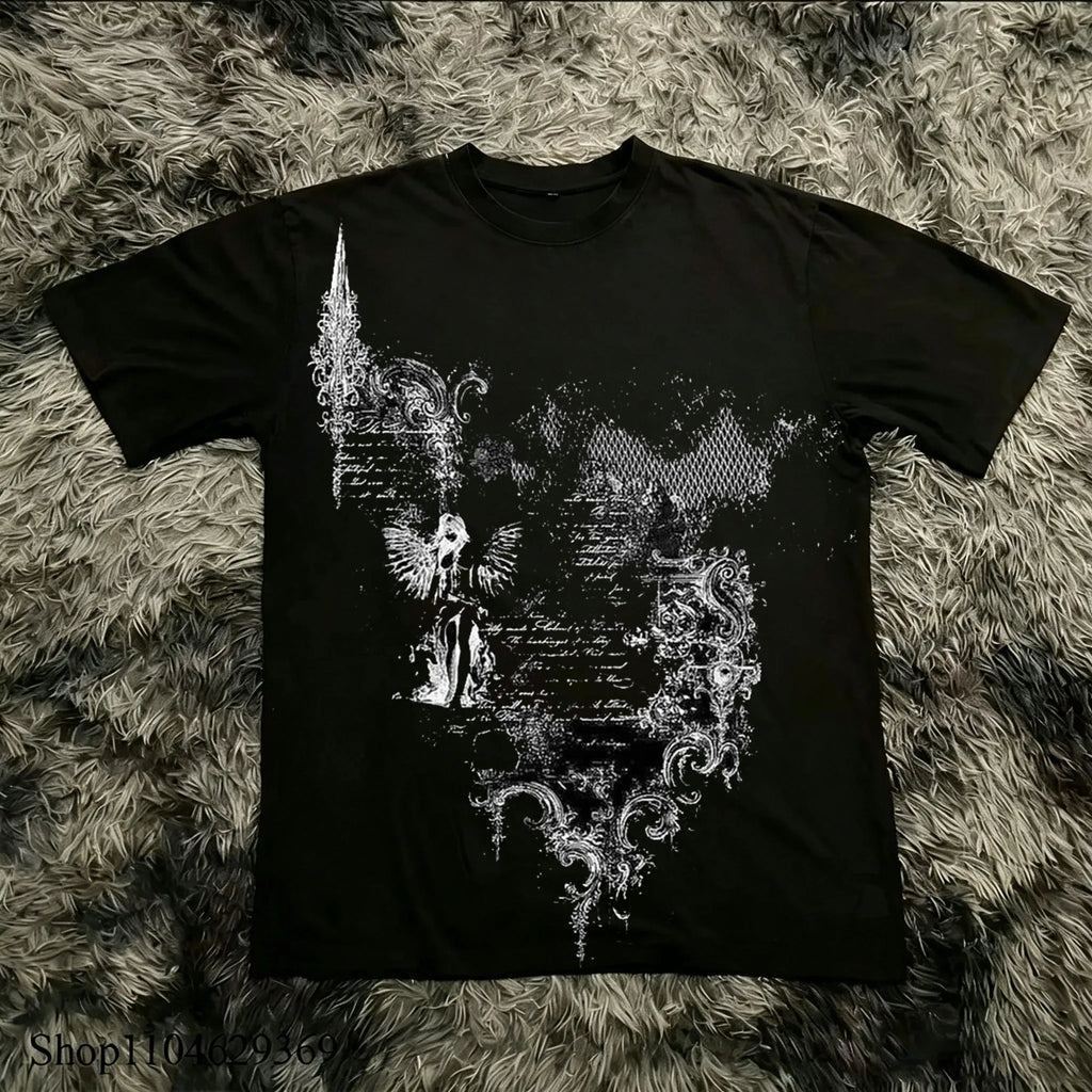 Classic Y2K Gothic Style High Street T-shirt Print Oversized T Shirt Harajuku Round Neck Cotton Tops 2026 Summer Men Women Tops