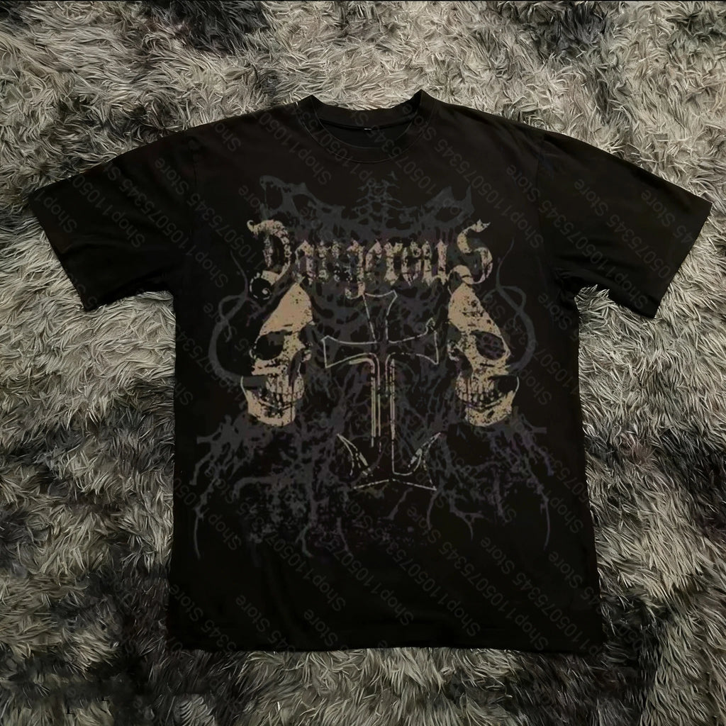 Classic Y2K Gothic Style T-shirt Print Oversized T Shirt High Street Shirts Gothic Round Neck Cotton Tops New Mens Women T Shirt