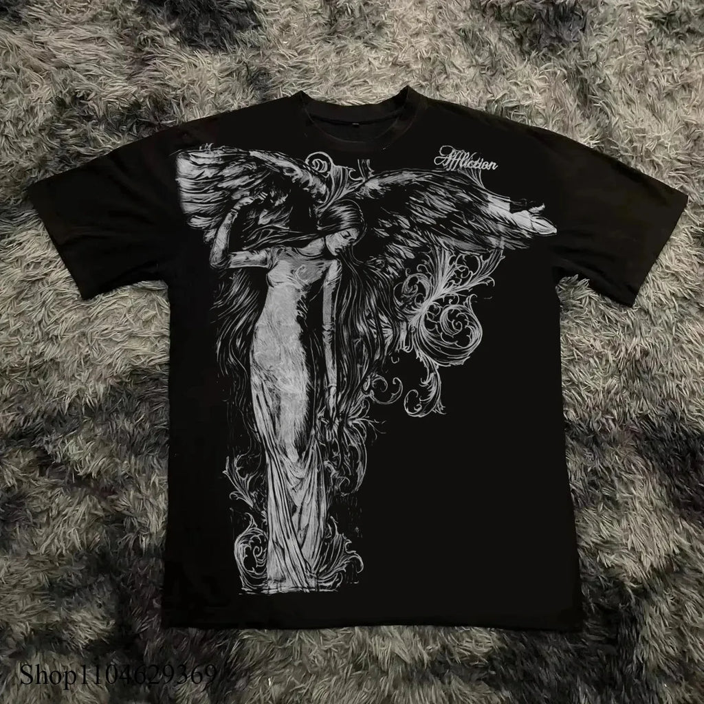 Classic Y2K Gothic Style T-shirt Print Oversized T Shirt High Street Shirts Gothic Round Neck Cotton Tops New Men Women T Shirt