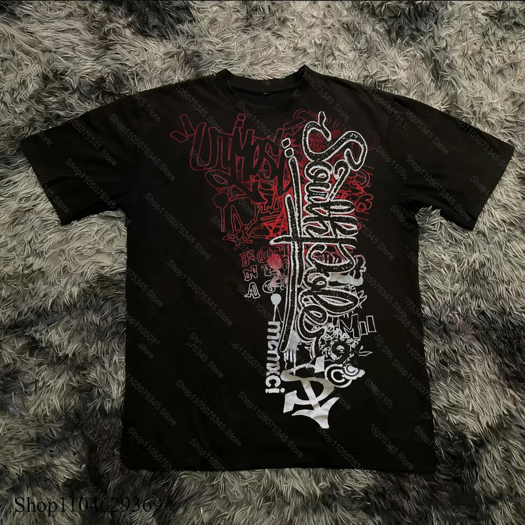 Classic Y2K Gothic Style T-shirt Print Oversized T Shirt High Street Shirts Gothic Round Neck Cotton Tops New Mens Women T Shirt